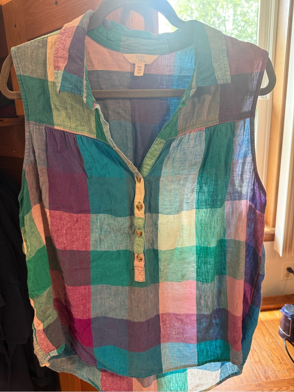 Time and Tru Teal, Purple & Pink Plaid Sleeveless Button Henley